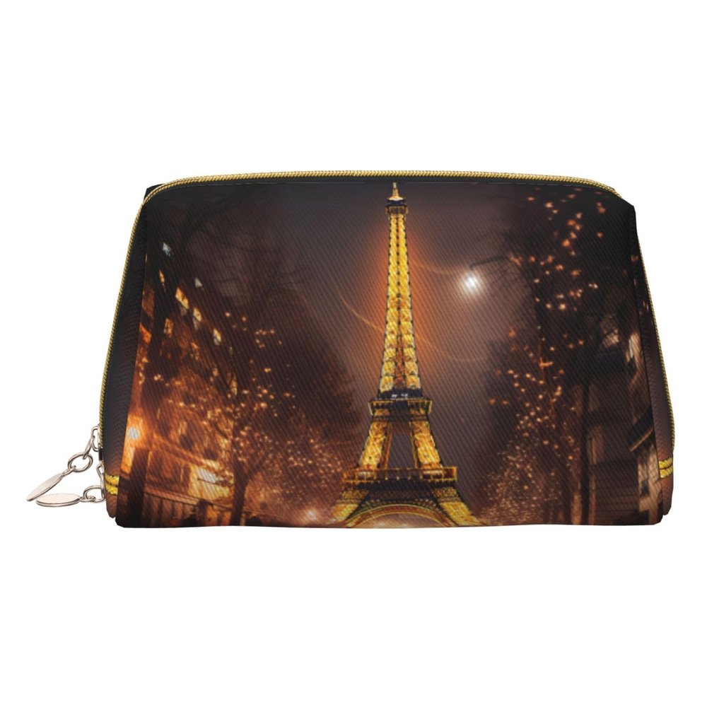 Longzehao Eiffel Tower Print Leather zipper makeup bag Cosmetic Pouch Travel Organizer Toiletry Clutch