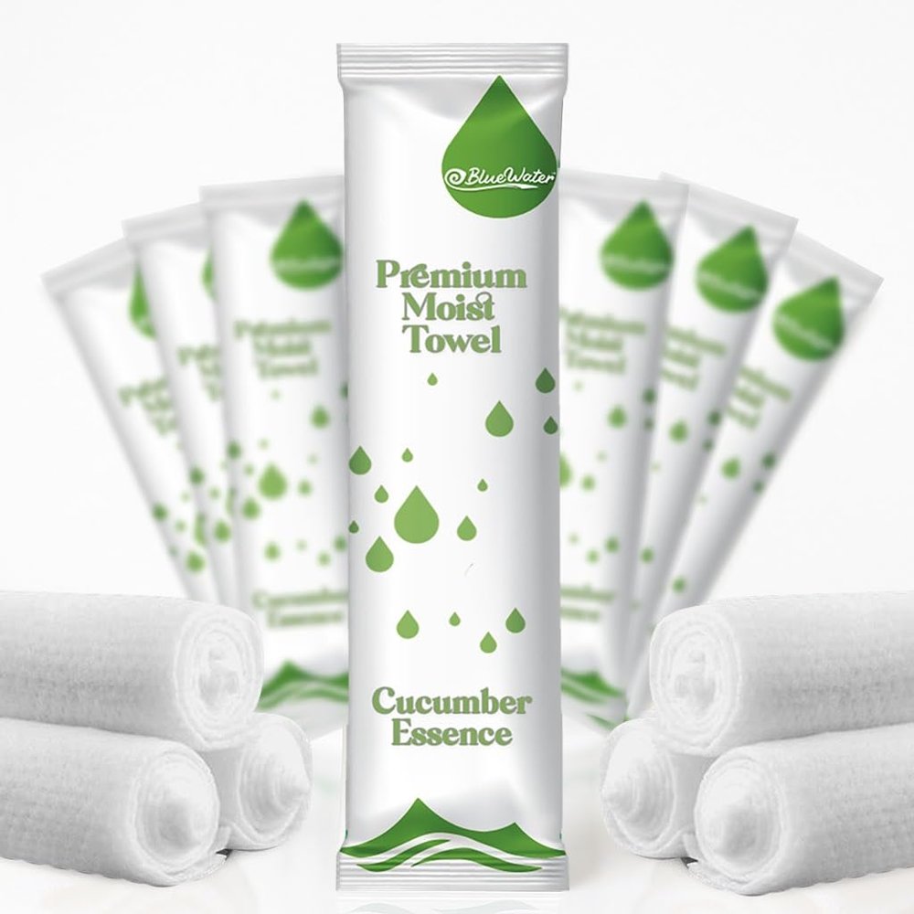 BlueWater (50-Pack) Individually-Wrapped Moist Scented Towels - Single-Use Premium Body Wipes (12x12, Cucumber)