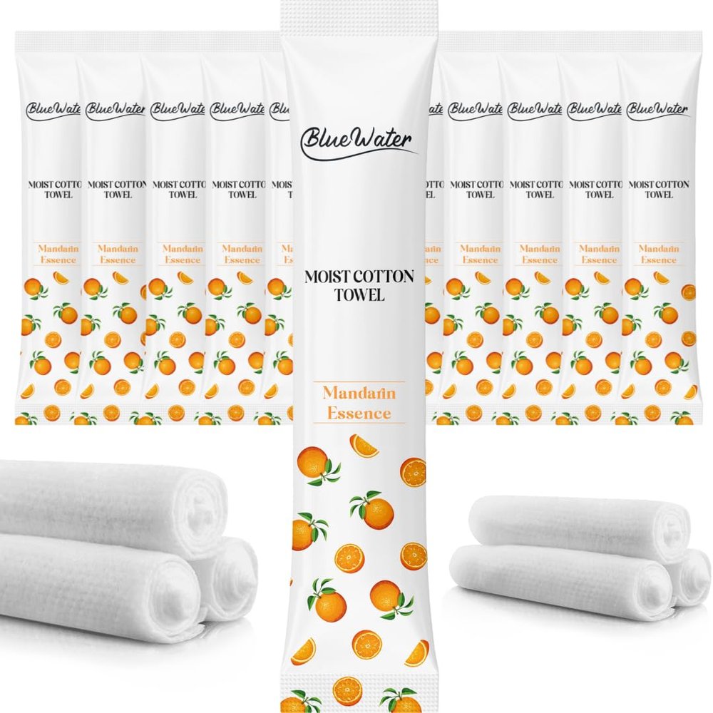 BlueWater Individually-Wrapped Moist Scented Towels - Single-Use Premium Towelettes (12x12, Mandarin)
