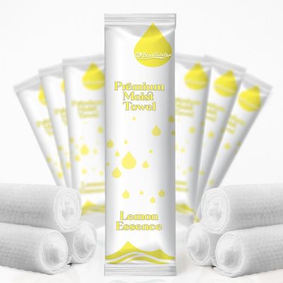 BlueWater (50-Pack) Individually-Wrapped Moist Scented Towels - Single-Use Premium Towelettes (12x12in., White Packaging, Lemon Essence)