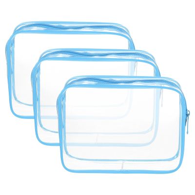 HARFINGTON 3pcs Clear Toiletry Bag Quart Size TSA Approved PVC Makeup Cosmetic Bag for Women Travel Transparent Organizer Airport Airline Compliant, Blue