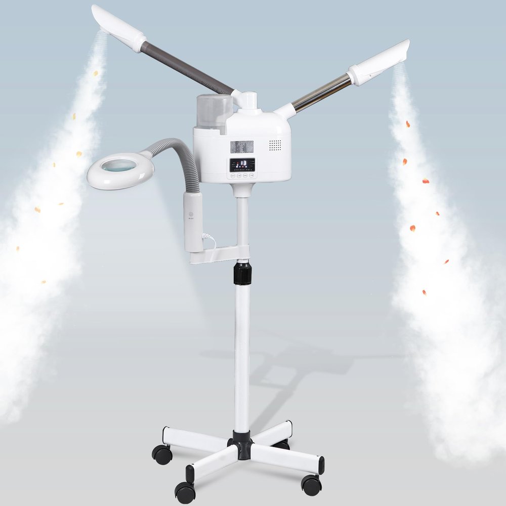 Saicool Professional 3 in 1 Facial Steamer, Stand on Wheels with 5X LED Magnifying Lamp, Use at Home or Salon SPA Esthetician with hot and Cold Nozzle for Skin Deep Clean