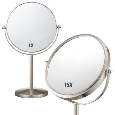 ALHAKIN 1X/15X Magnifying Makeup Mirror, Double Sided Mirror with Stand, Tabletop Desk Mirror 360Rotation for Bathroom, Nickel