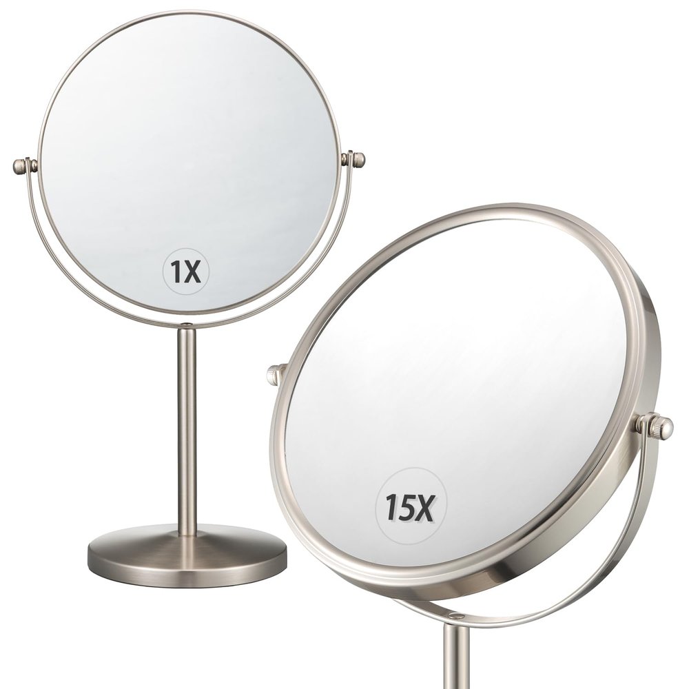ALHAKIN 1X/15X Magnifying Makeup Mirror, Double Sided Mirror with Stand, Tabletop Desk Mirror 360Rotation for Bathroom, Nickel