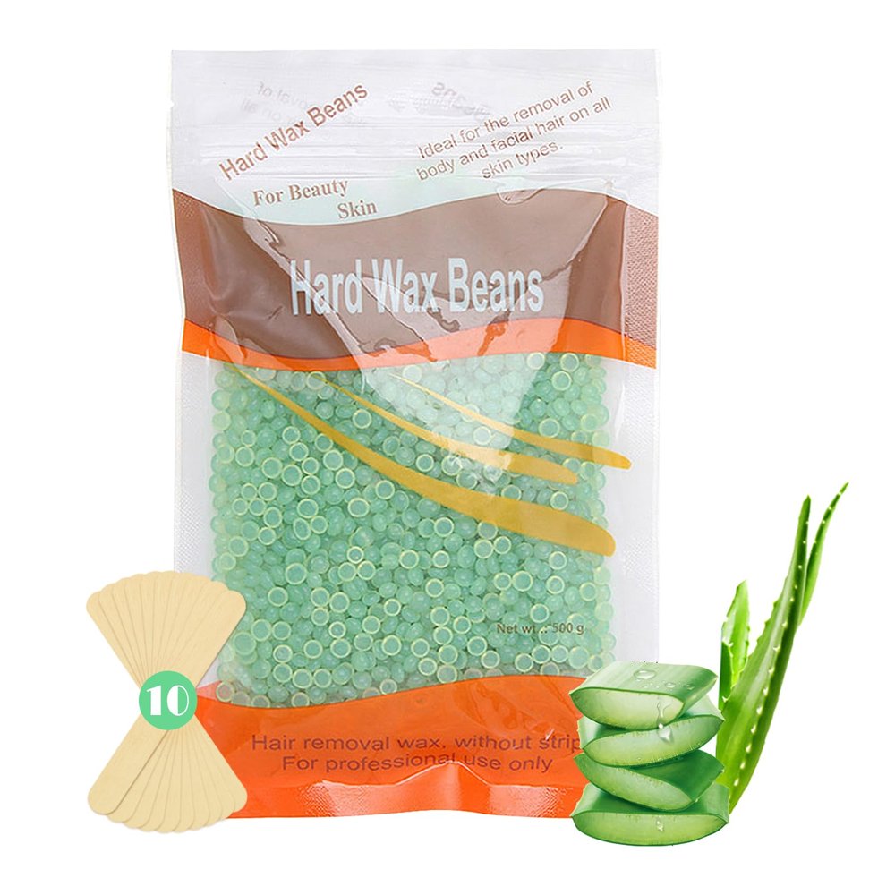 Aloe Vera Hard Wax Beads for Hair Removal,Wax Beads and 10 Wood Sticks,Gentle Waxing Bead for Face,Back,Legs,Bikini and Armpit,At Home Waxing Kit for Women Men,17.63 oz