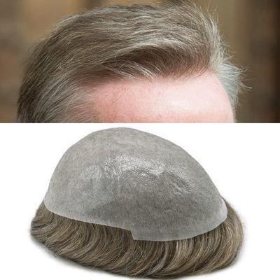 Toupee for men Human Hair Piece Mens Hair Replacement System 0.04mm Invisible Ultra Thin Skin Mens Toupee Hairpieces 7"x9"Man Hair Unit Wigs #740 Very Light Brown+40% Gray-80% Light Density