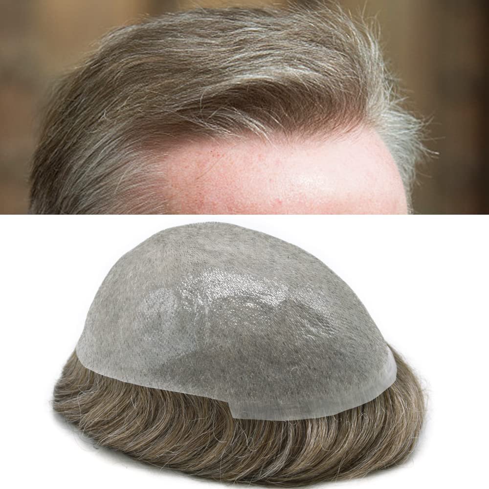 Toupee for men Human Hair Piece Mens Hair Replacement System 0.04mm Invisible Ultra Thin Skin Mens Toupee Hairpieces 7"x9"Man Hair Unit Wigs #740 Very Light Brown+40% Gray-80% Light Density