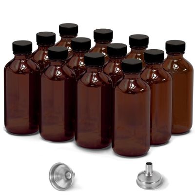 12 Pack 2oz Amber Glass Bottles for Vanilla Extract, Boston Round Leak-Proof Brown Glass Jars with Caps, Bonus Funnel - Ideal for Homemade Extracts, Essential Oils, DIY Christmas Party Gift Supplies