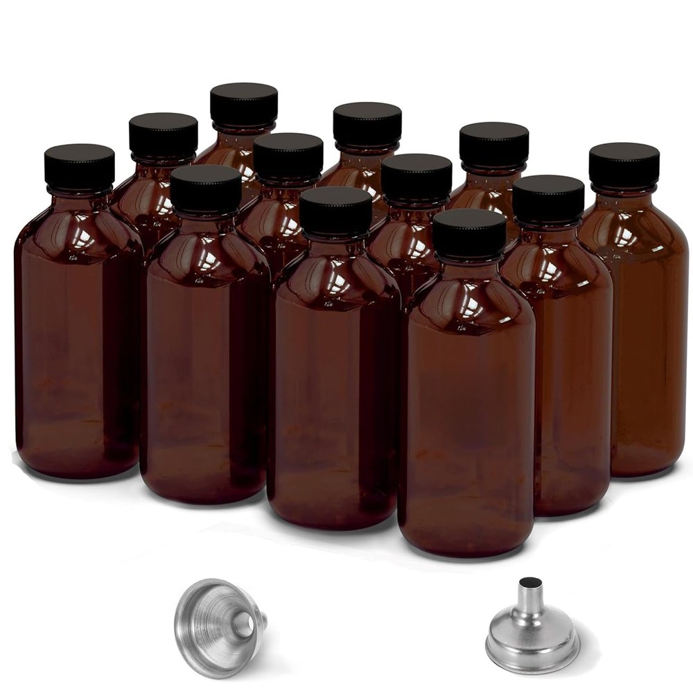 12 Pack 2oz Amber Glass Bottles for Vanilla Extract, Boston Round Leak-Proof Brown Glass Jars with Caps, Bonus Funnel - Ideal for Homemade Extracts, Essential Oils, DIY Christmas Party Gift Supplies