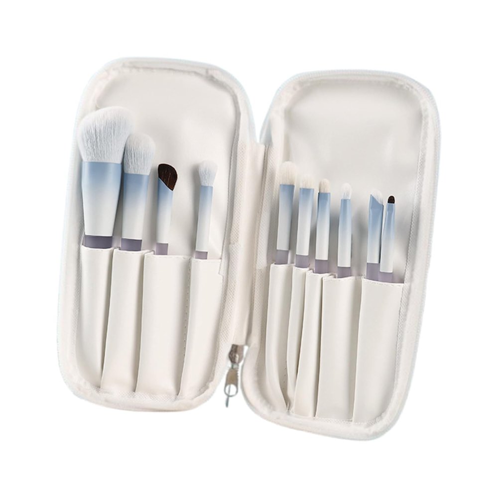 10Pcs Makeup Brushes With Holder,Full Face Soft Veagan Hair, Portable Ultra Soft Dense Flat Blush Concealer Blending Eyeshadow Brush (10+White zipper bag)