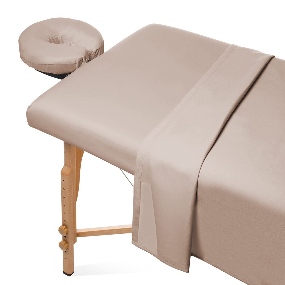 Bedding Bliss 3-Piece Massage Table Sheet Set Premium 600-Thread Count Soft Egyptian Cotton - Includes Massage Table Cover, Fitted Sheet and Face Rest Cover (Beige Solid)