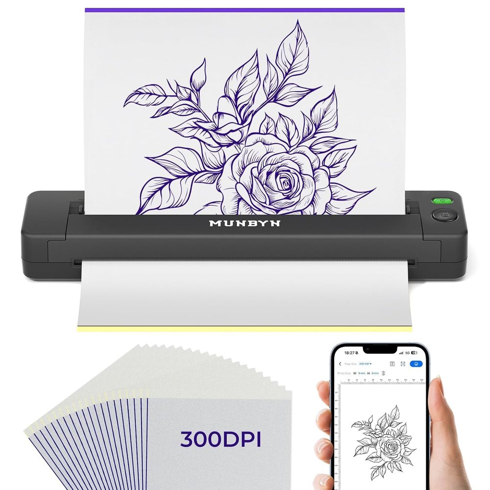 MUNBYN Tattoo Stencil Printer ITP06, 300DPI Wireless Thermal Tattoo Printer with 20 Transfer Papers, Tattoo Printers Compatible with Smartphone & PC for Tattoo Artists & Beginners