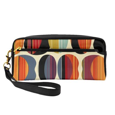 Mid Century Modern Retro with Drop Shapes Printed Makeup Bag for Women Travel PU Leather Cosmetic Bag with Wristlet Toiletry Bag