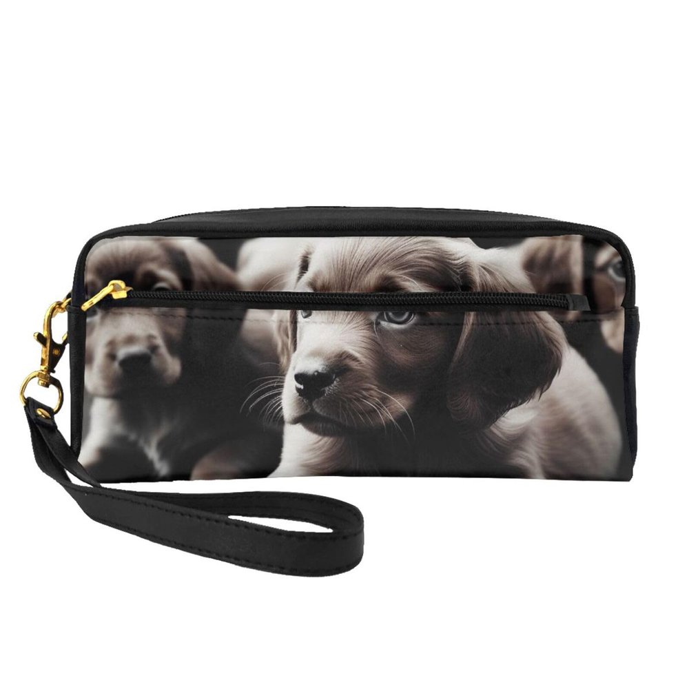 Cute Puppies Dog Printed Makeup Bag for Women Travel PU Leather Cosmetic Bag with Wristlet Toiletry Bag