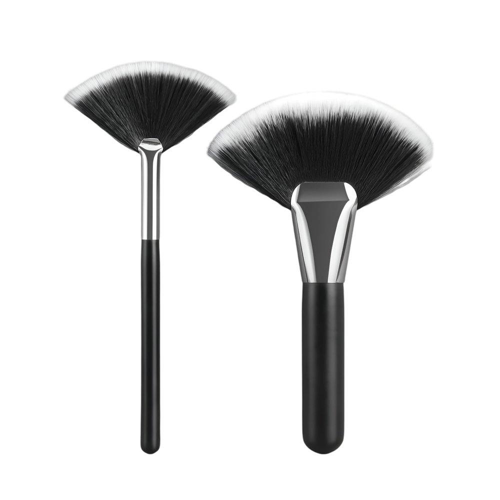 2pcs Silver Handle Fan Makeup Brush Set  Soft Synthetic Bristles for Highlight, Contour, and Shimmer  Black Gradient Brush Duo for Face Blending and Precision Application, Professional Tool