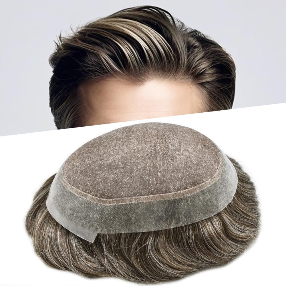 Hair Wonders Mens Toupee Hair System For Men Hair Piece Fine Monofilament Toupee For Men Human Hair Pieces For Men Hair System Human Hair 8x10 Medium light density #330 3# DARK BROWN+30% GREY
