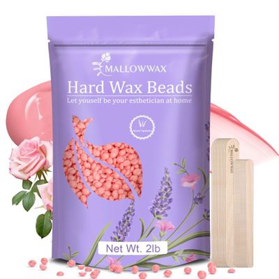 Mallowwax Hard Wax Beads for Hair Removal, 2LB  Premium Hair Removal Wax Refill for Sensitive Skin with Rose Formula, Ideal for Facial and Brazilian Areas