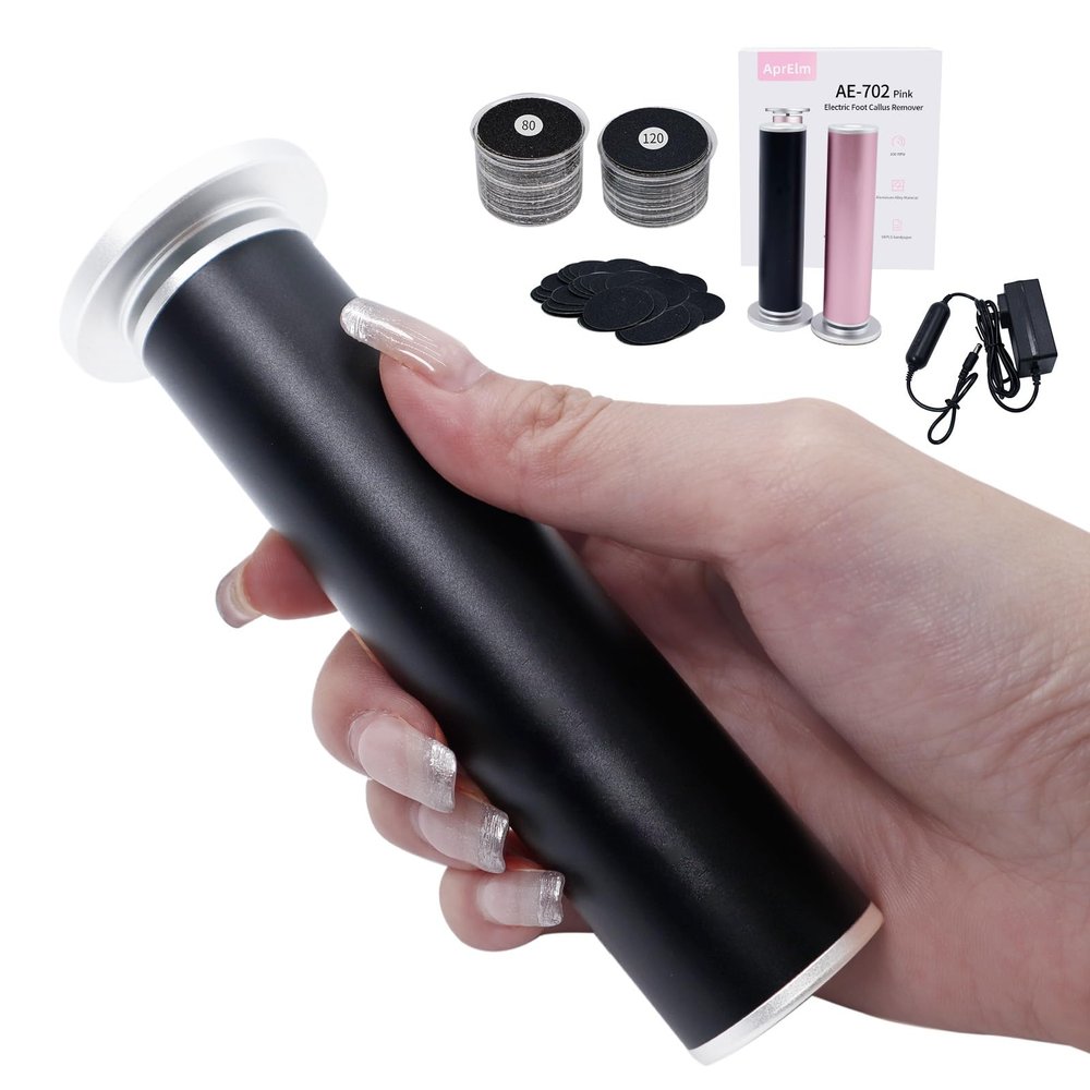 AprElm 4.8IN Longer Electric Foot Callus Remover with 80pcs Sandpaper Discs, Professional Aluminum Callus Remover for Feet, Stepless Speed Control Pedicure Tools for Dead Skin (Black)