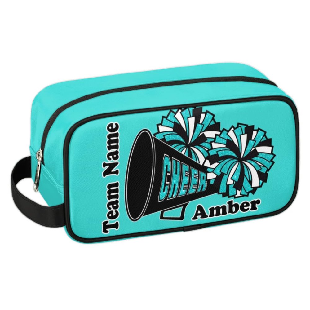 CURLYOOT Custom Cheer Makeup Bag with Name, Personalized Name Travel Toiletry Bag Makeup Organizer Case, Customized Cosmetic Bag for Cheer Team Gifts, Blue Glitter