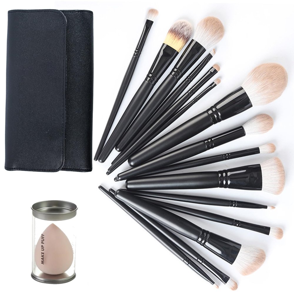 15 Pcs Makeup Brushes Set, Makeup Sponge Eggs With Case, Long Handle Loose Powder Contour Makeup Brush Fluff Large Face Brush for Liquid, Cream,Buffing (15 brushes + bag)