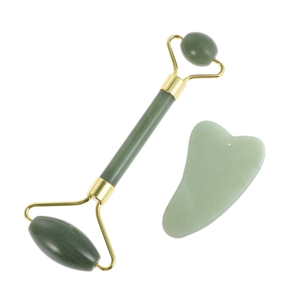 Beavorty Jade Roller and Gua Set Natural Jade Facial Tools for Smooth Relief for Muscle Aches and Headaches Includes Face Roller and Scraping Plate
