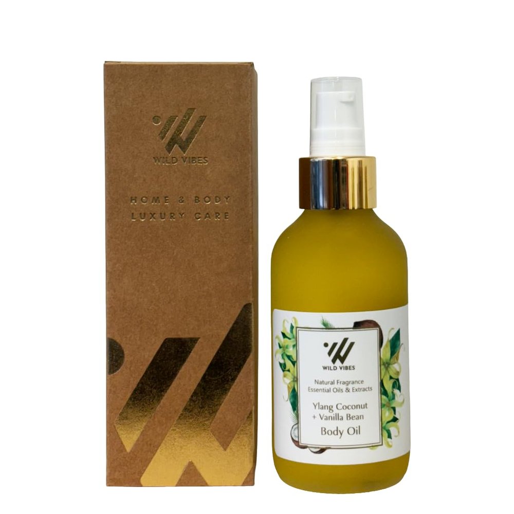 Wild Vibes Ylang Coconut + Vanilla Bean Body Oil with Vitamin E  Hydrating Botanical Blend with Jojoba, Papaya Seed & Cacay Oil  Lightweight Moisturizer for Soft, Glowing Skin 4oz