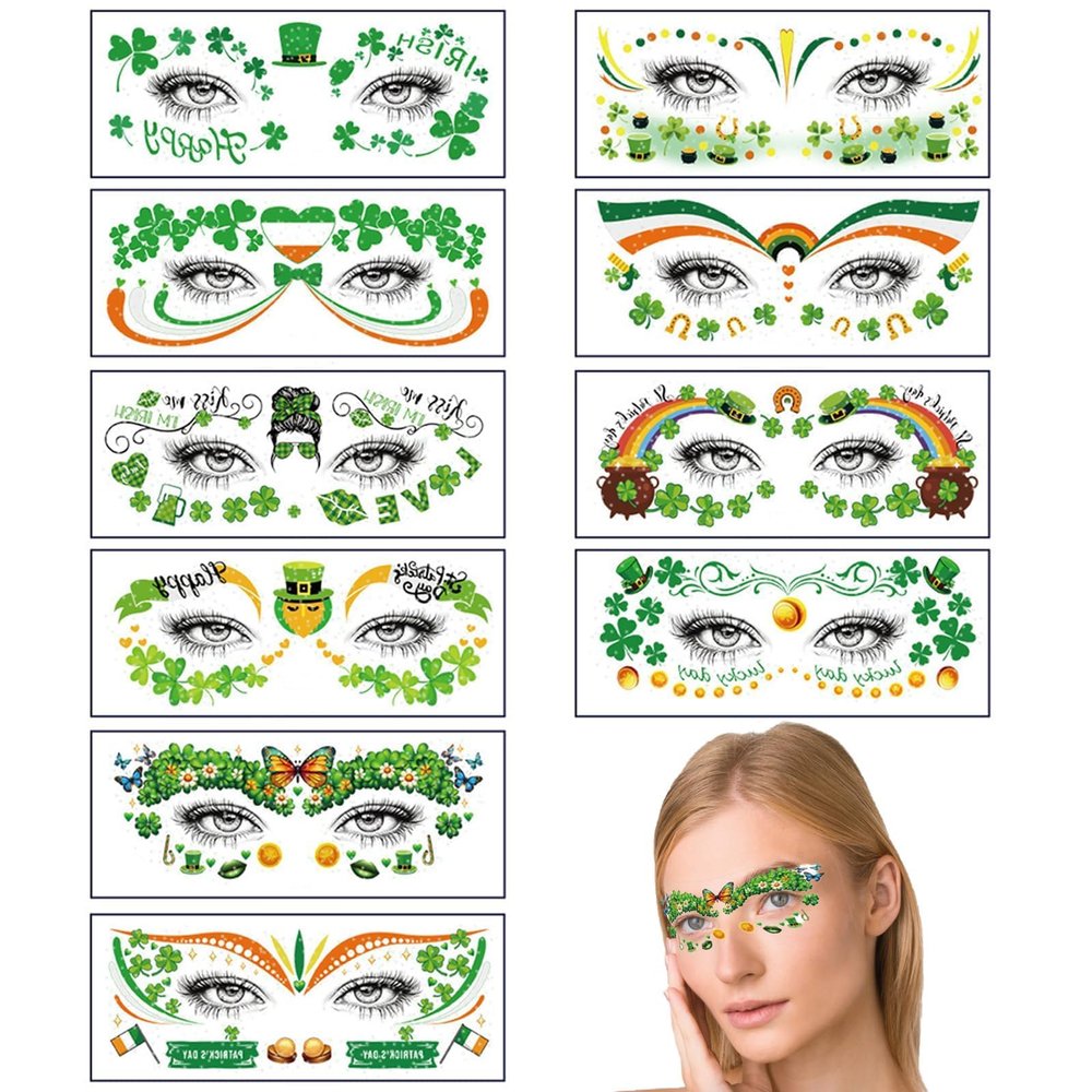 10 Sheets St Patricks Day Tattoos Shamrock Temporary Tattoos Face Stickers St Patricks Day Decorations Accessories for Adult