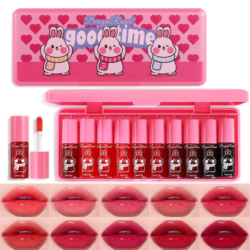 10 Colors Lip Tint Stain Set,Korean Lip Gloss,Watery Lip Stain Mini Liquid Lipstick Waterproof,Moisturizing Lip Stain Set Multi-Use Lip and Cheek Tint,Non-Stick Cup,Lightweight,Vivid Color Lip Makeup