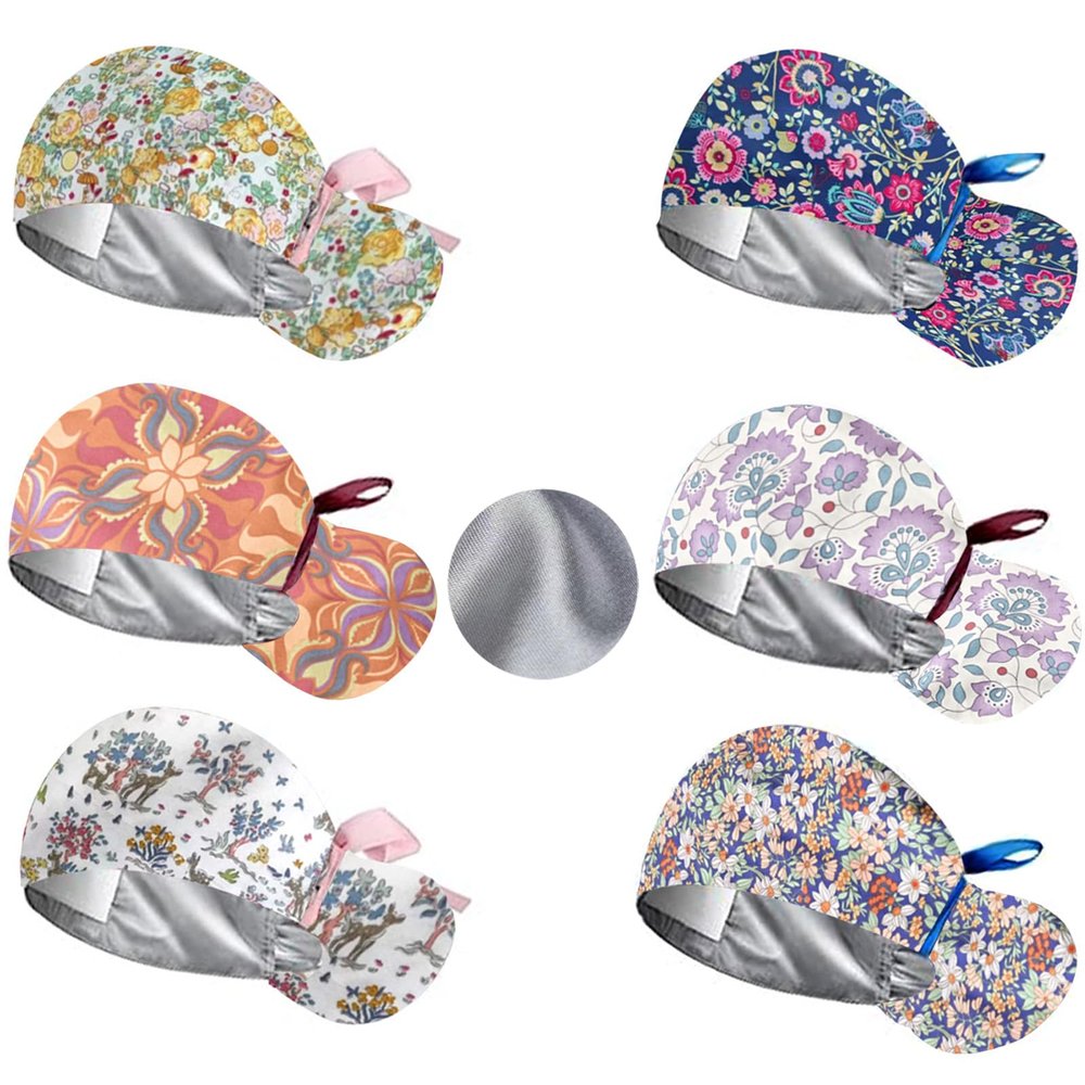 6Pcs Satin Lined Scrub Caps Women Ponytail, Adjustable Surgical Caps for Women, Scrub Hats, Nurse Cap, Nurse Surgical Hat with Button and Sweatband, Elastic Ponytail Pouch Tie Back