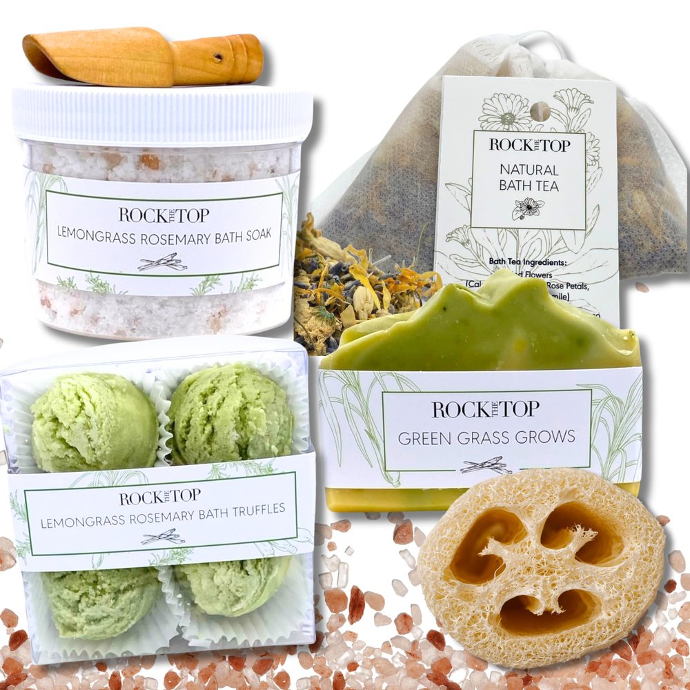 Rock the Top | 6 Lemongrass Rosemary Self Care Gifts for Women, Aromatherapy Epsom Salt Bath Soak, Lavender Soap, Bath Bombs, Bath Salts with Plant Based Loofa Dry Brushing Body Brush Gift