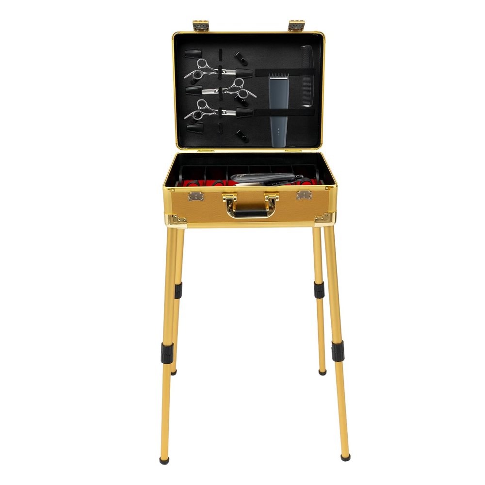 Barber Case,Mobile Barber Station with Support Stand,18.11-31.5 Inch Height Adjustable Large Capacity Barber Supplies Case,Lockable Professional Barber Toolbox for Barbershops,Barber Stores (Gold)