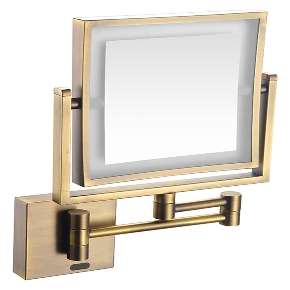 Wall Mounted Lighted Makeup Mirror Square Wall Mounted Double Sided 1X/3X Magnifying Mirror Rotation Extension Bathroom Mirror(Brass,Hardwired)