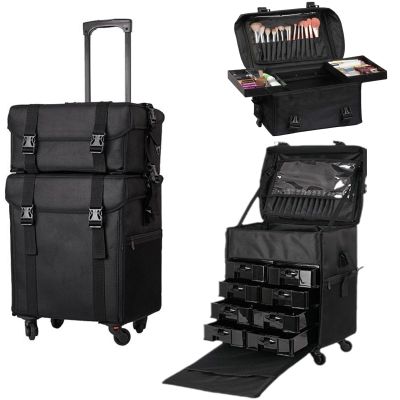 HKNNSDEED Rolling Makeup Train Case,Hairdressing Beauty Case Aluminum Trolley Case with Large Storage & 503 Wheels Hairdressing Beauty Case