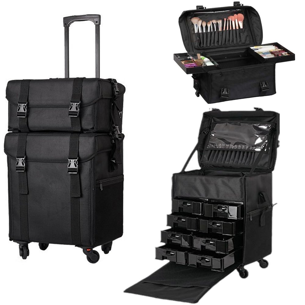 HKNNSDEED Rolling Makeup Train Case,Hairdressing Beauty Case Aluminum Trolley Case with Large Storage & 503 Wheels Hairdressing Beauty Case