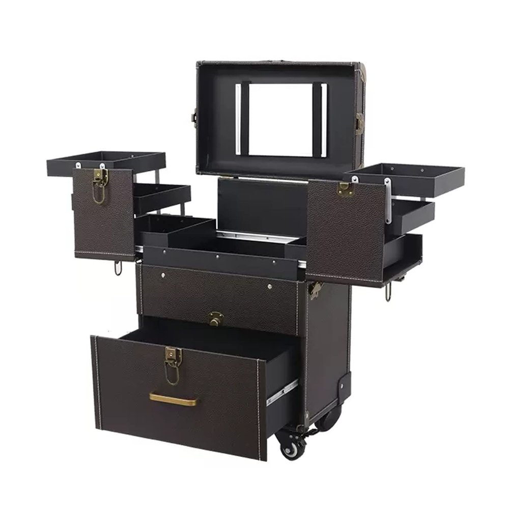 HKNNSDEED Rolling Makeup Train Case,Hairdressing Beauty Case Aluminum Trolley Case with Large Storage & 678 Wheels Hairdressing Beauty Case(Dark Curry)