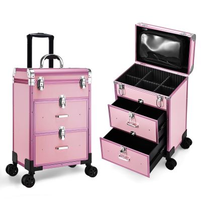 HKNNSDEED Rolling Makeup Train Case,Hairdressing Beauty Case Aluminum Trolley Case with Large Storage & 574 Wheels Hairdressing Beauty Case(Matte Pink)