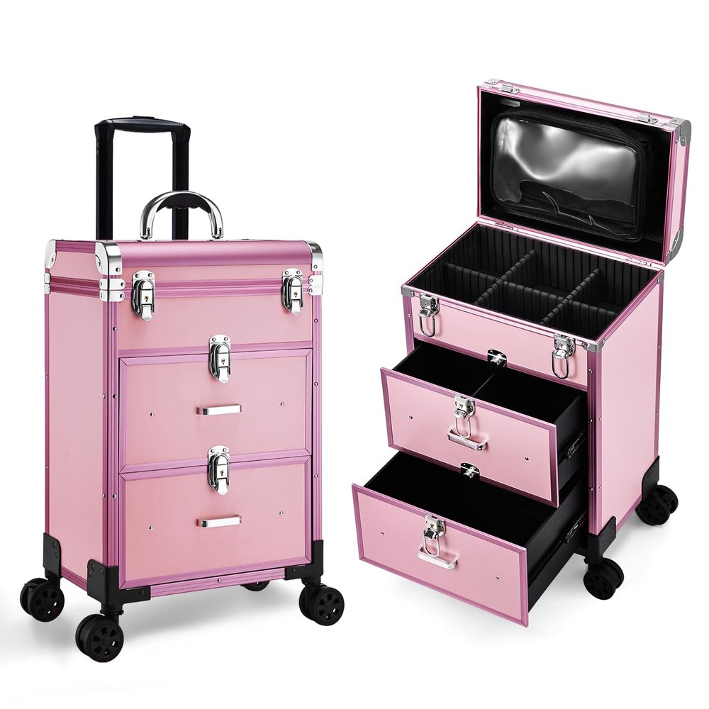 HKNNSDEED Rolling Makeup Train Case,Hairdressing Beauty Case Aluminum Trolley Case with Large Storage & 574 Wheels Hairdressing Beauty Case(Matte Pink)