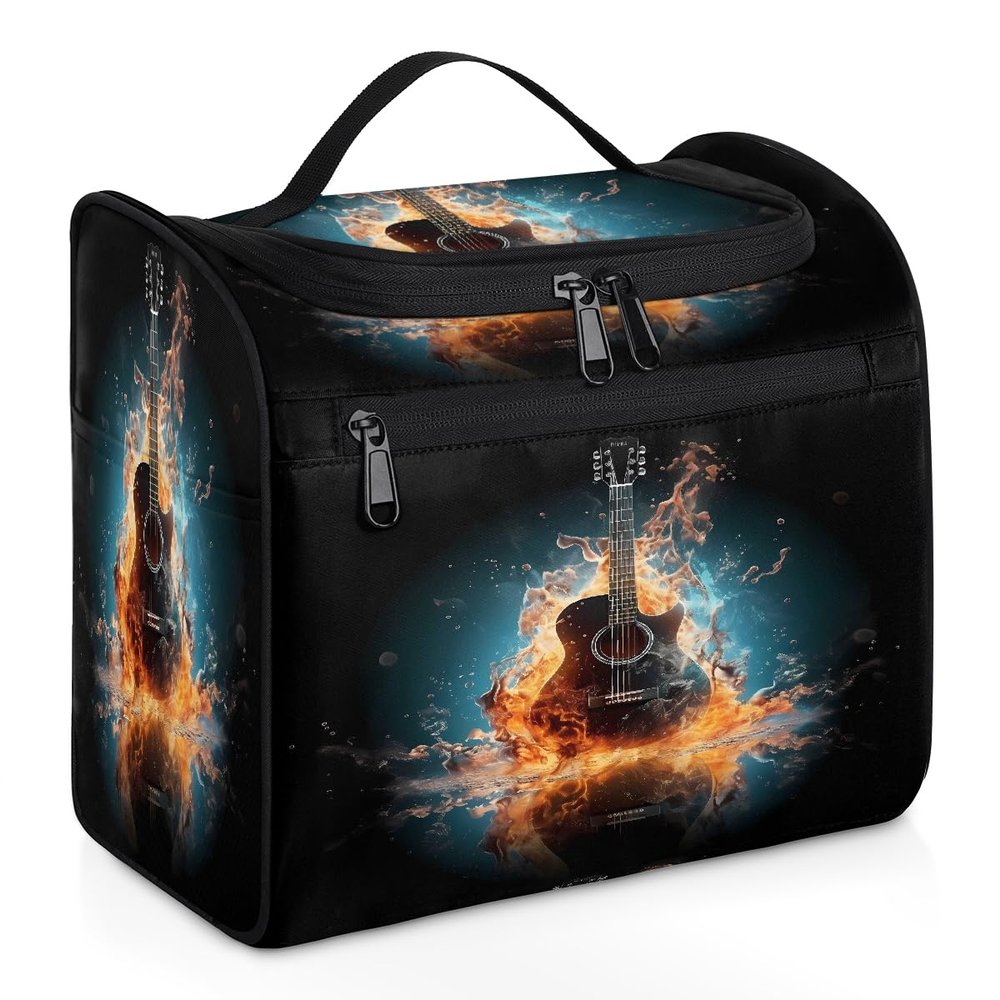 DXTKWL Toiletry Bag for Women Men Fire Water Music Guitar Large Toiletry Bags with Hanging Hook Waterproof Makeup Cosmetic Bag for Travel Toiletries