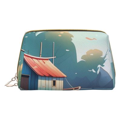 FHENTYU Fishing Nets Print Small Leather Makeup Bag for Women, Travel Cosmetic Bag with Zipper, Toiletries, Purse, Gift