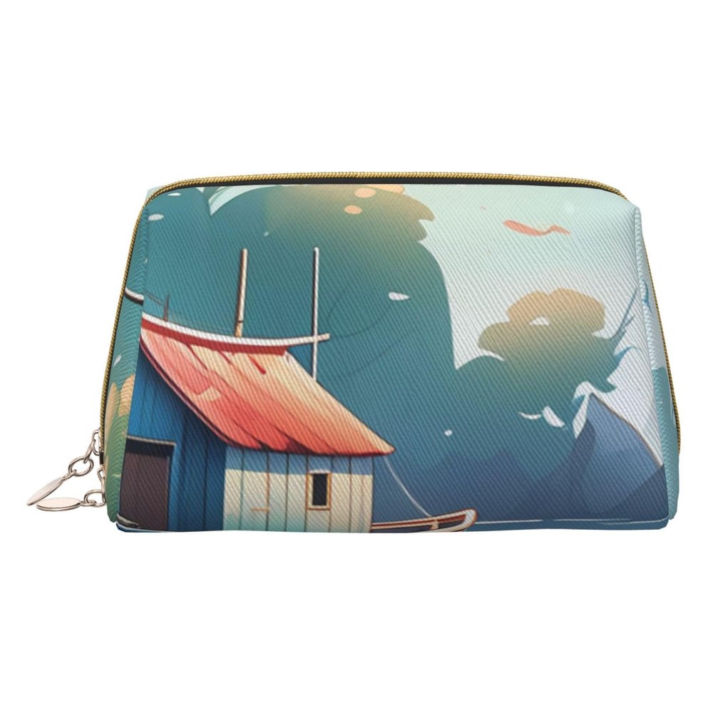 FHENTYU Fishing Nets Print Small Leather Makeup Bag for Women, Travel Cosmetic Bag with Zipper, Toiletries, Purse, Gift