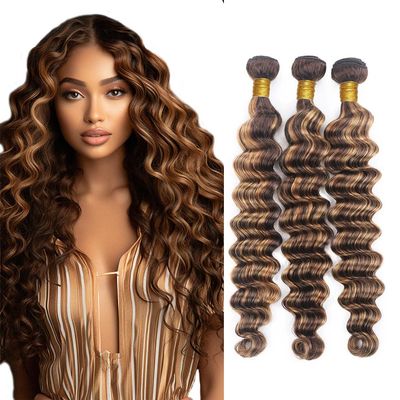 4/27 Bundles Ombre Deep Wave Bundles Human Hair Highlight Human Hair Bundle 18 20 22 Inch Honey Brown Bundle Deep Curly Weave Unprocessed Remy Hair