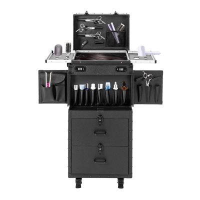 Fenjidrop Rolling Lockable Makeup Train Case, Cosmetology Case on Wheels Hairstylist Traveling Bag with Hairdryer Holder, Salon Storage Toolbox with Carry Handle and Trolley (Pure Black)