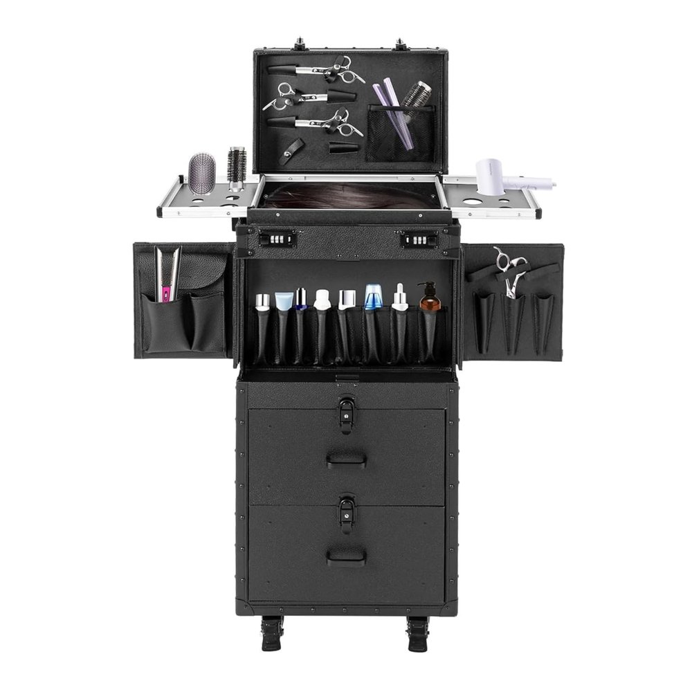 Fenjidrop Rolling Lockable Makeup Train Case, Cosmetology Case on Wheels Hairstylist Traveling Bag with Hairdryer Holder, Salon Storage Toolbox with Carry Handle and Trolley (Pure Black)