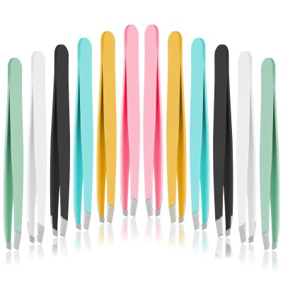 12 PCS Eyebrow Tweezers, Tweezer for Women Facial Hair Stainless Steel Double Sided Tweezer Precision Slanted Tweezers for Lash Extension Men Brow Ingrown Hair Removal(Multicolor)