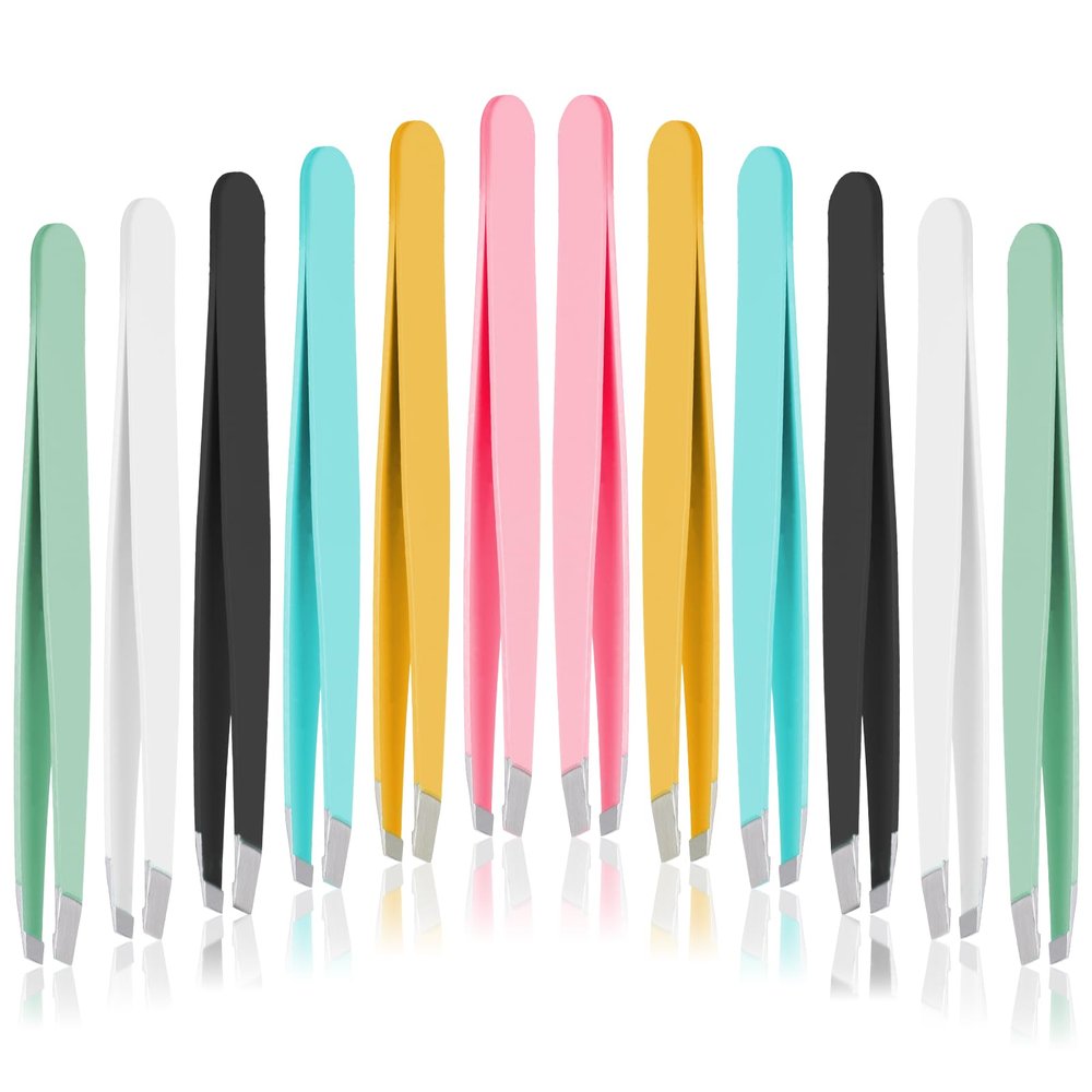 12 PCS Eyebrow Tweezers, Tweezer for Women Facial Hair Stainless Steel Double Sided Tweezer Precision Slanted Tweezers for Lash Extension Men Brow Ingrown Hair Removal(Multicolor)