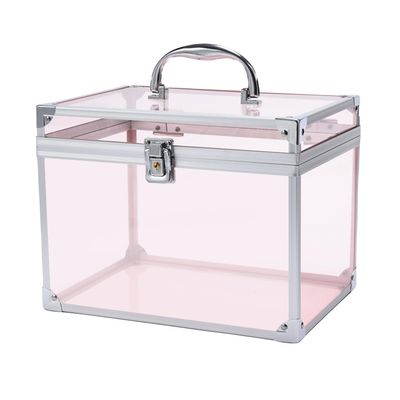 Crown Box, Clear Cosmetic Case, Acrylic Artists Display Case, Toiletry Train Case with Latches & Handle Large Capacity Acrylic Travel Makeup Tools Box for Vanity Dresser Bathroom Counter (Silver-Pink)