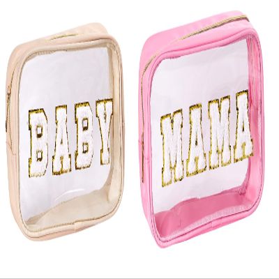 2pc Mama Baby Papa Clear Pouch Set with Chenille letters  Travel Makeup Toiletry Organizer Bags for Family Packing  Cute Personalized for Vacation, Hospital & Diaper Bag Essentials