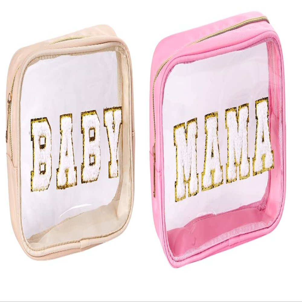 2pc Mama Baby Papa Clear Pouch Set with Chenille letters  Travel Makeup Toiletry Organizer Bags for Family Packing  Cute Personalized for Vacation, Hospital & Diaper Bag Essentials