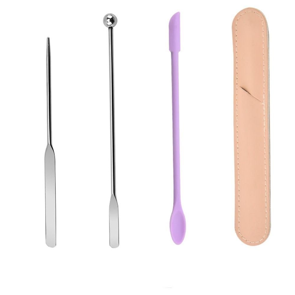 Foundation Spatula with PU Leather Case Set, Cosmetic Mixing Makeup Spatula, Silicone Cosmetic Spatula Stainless Steel Makeup Palette Double Edged Spatula