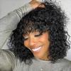 Short Curly Human Hair Wig with Bangs Short Curly Bob Wig Human Hair with Bangs Water Wave Glueless Bob Wig Wear and Go No Lace 180% Density Brazilian Virgin Human Hair Natural Black 12 Inch view 1